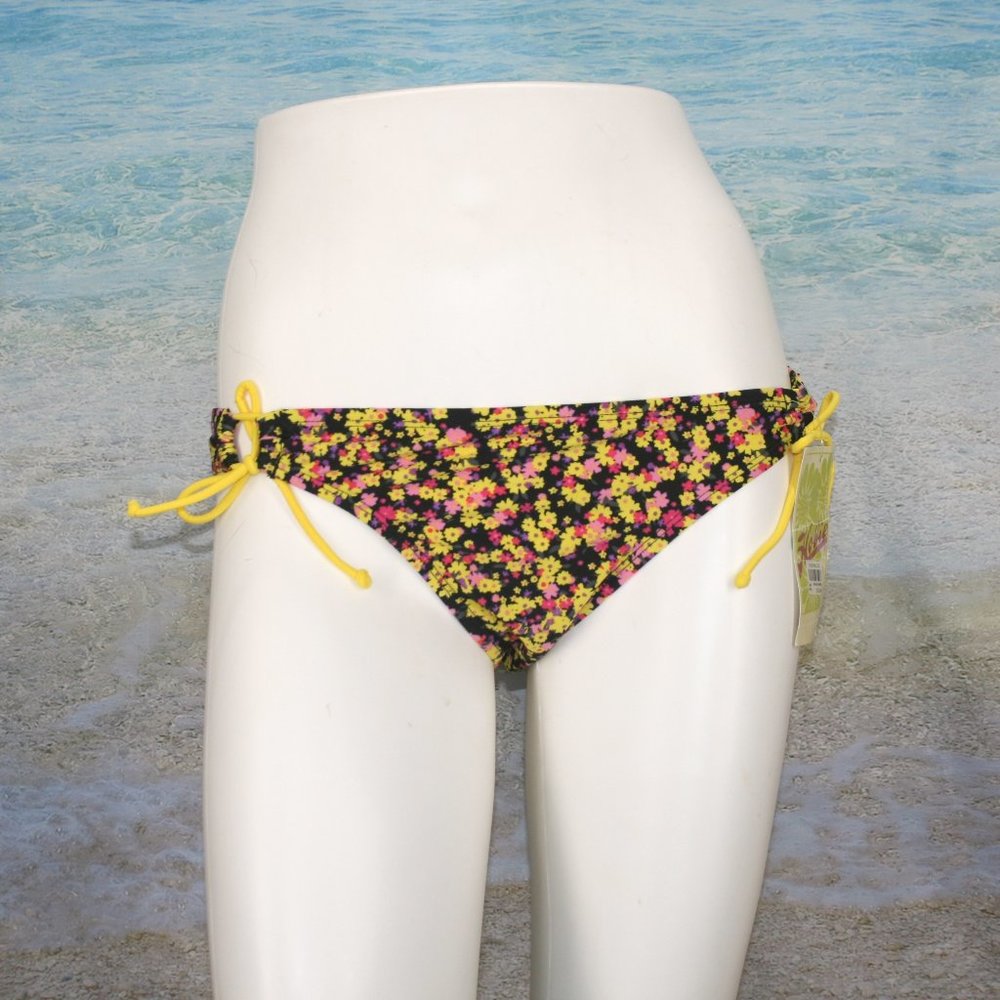HOBIE Bikini Swimsuit Bottoms Black Yellow Floral Feminine Bow Tie Retro Small